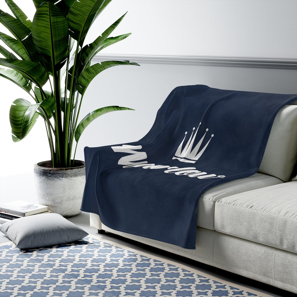 Marlow Crown Logo Navy Blue Velveteen Plush Blanket